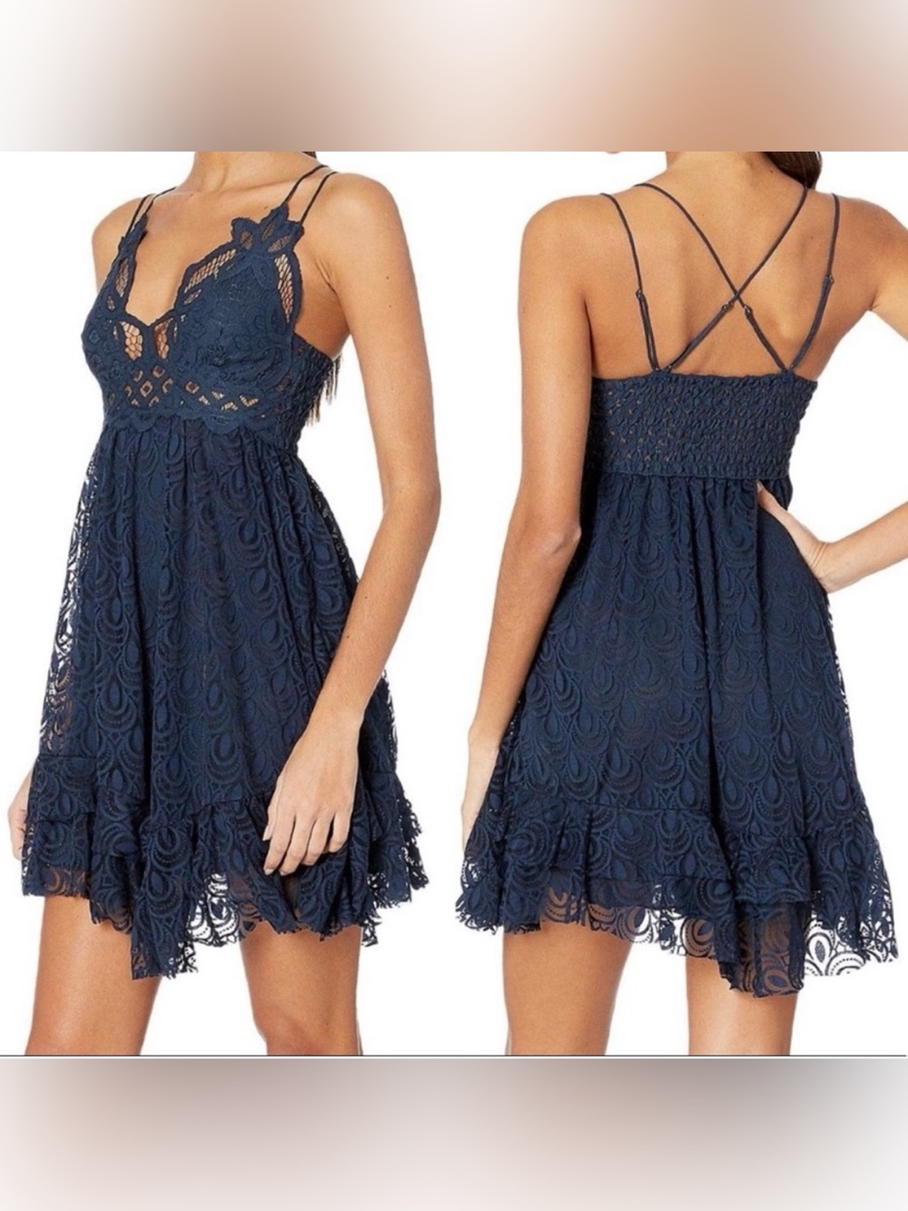 Free People Blue Adella Burnout Slip Mini Flowy Bralette Boho Crochet Lace Dress